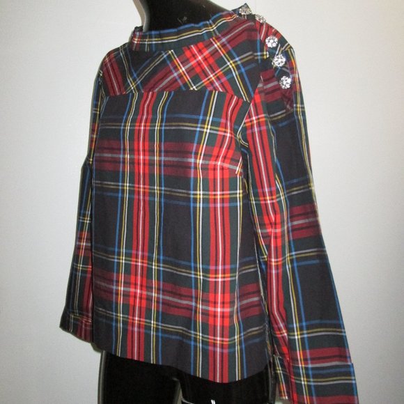 J.Crew 100% cotton deep red tartan plaid rhinestone button shoulder tunic - Picture 4 of 9